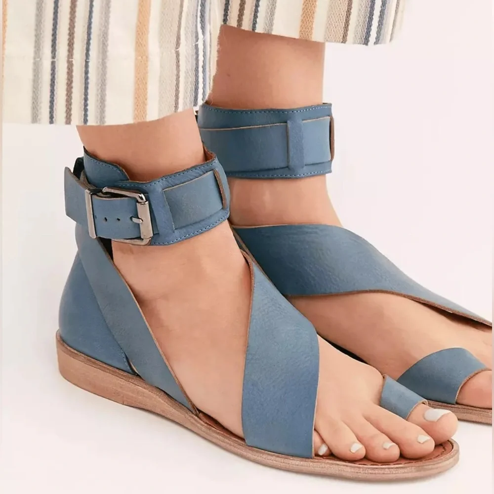 FREE PEOPLE Vale Blue Leather Ankle Buckle Strap Flat Boot Sandals Sz 41 NWOB
